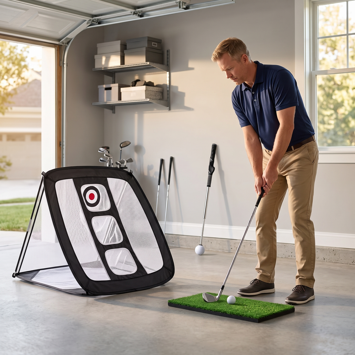 Home garage practice corner with chipping net, mat and tempo trainer