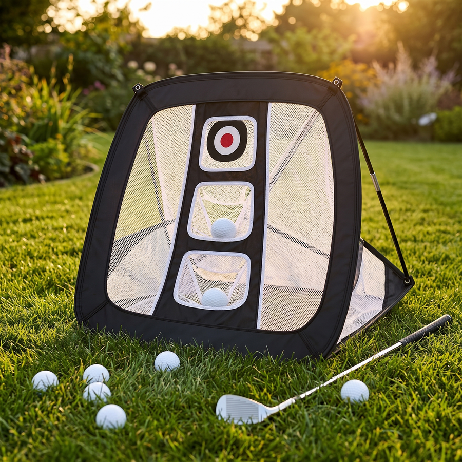 Chipping net on a backyard lawn with golf balls and a wedge