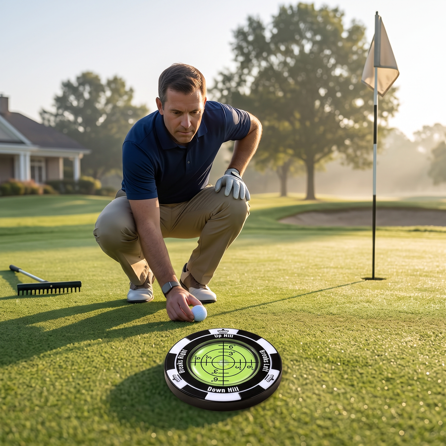 Golfer reading a practice green with the green reader