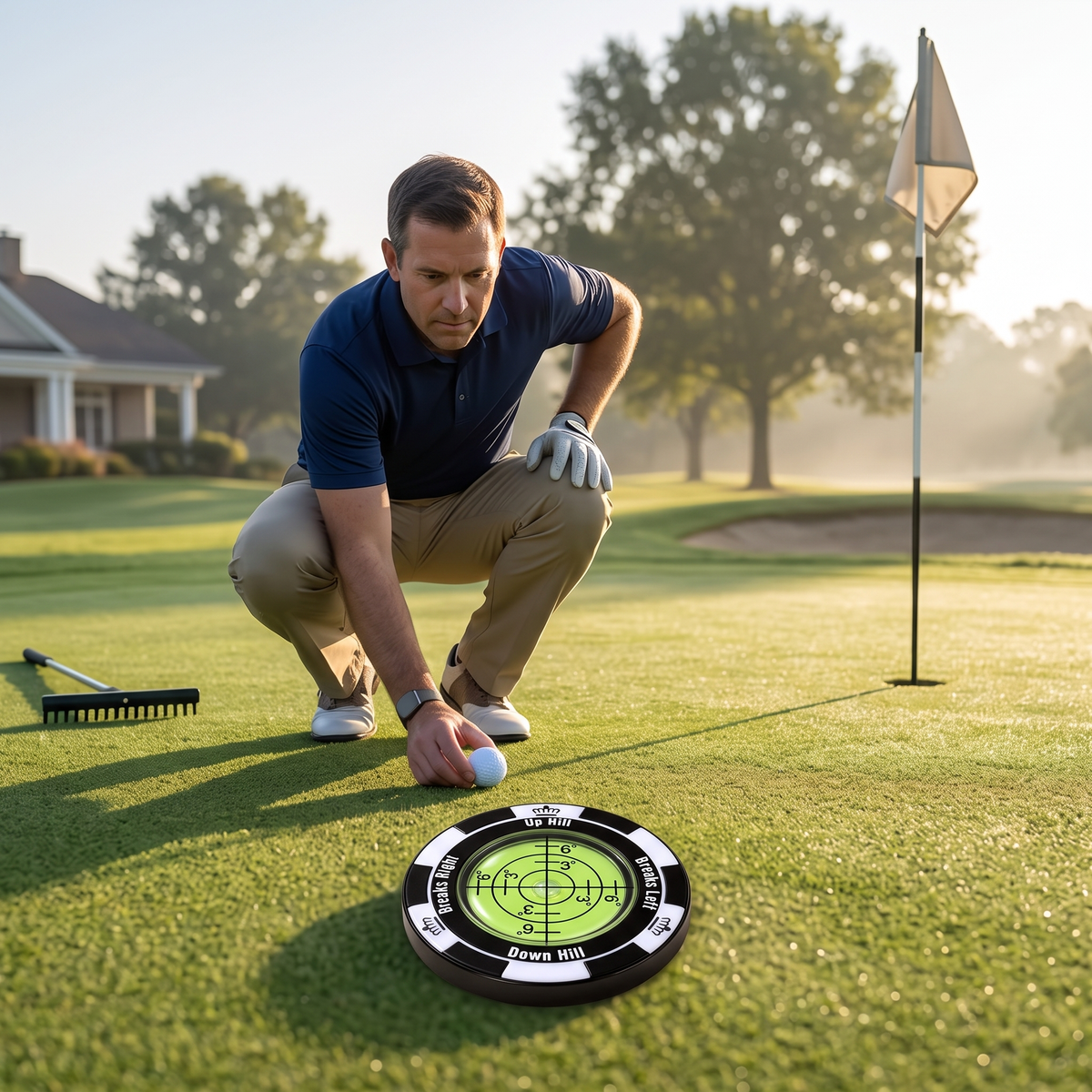 Golfer reading a practice green with the green reader