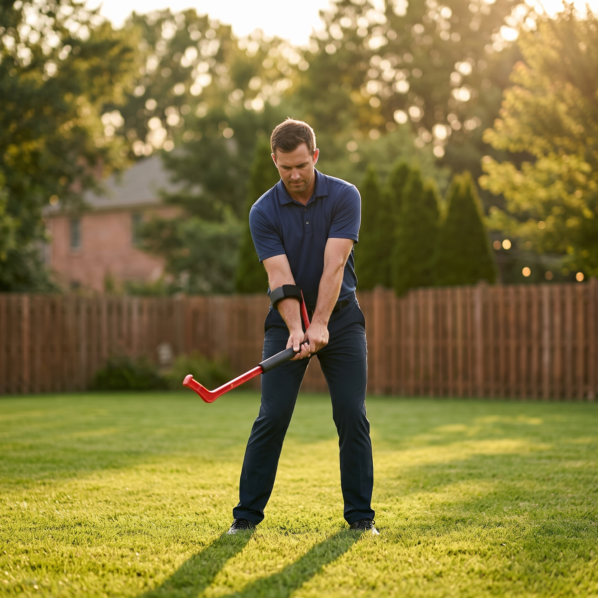 Golfer swinging the speed trainer in a backyard