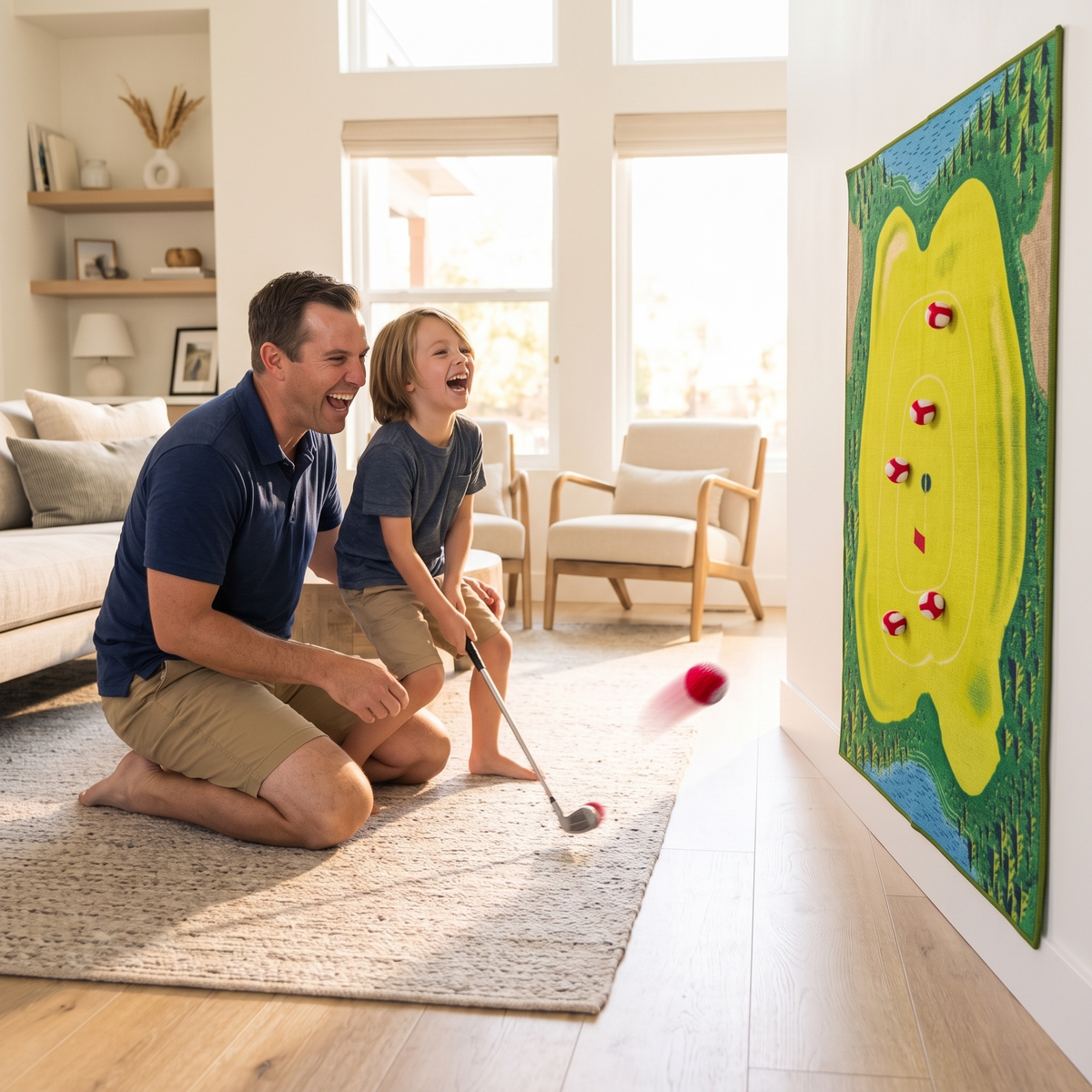 Parent and child playing the sticky ball chipping game in a living room